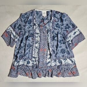 Knox Rose boho floral blue short sleeve sheer tie-neck blouse. Size M
